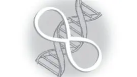 A white drawing of a dna helix with the letter s in an infinity symbol.