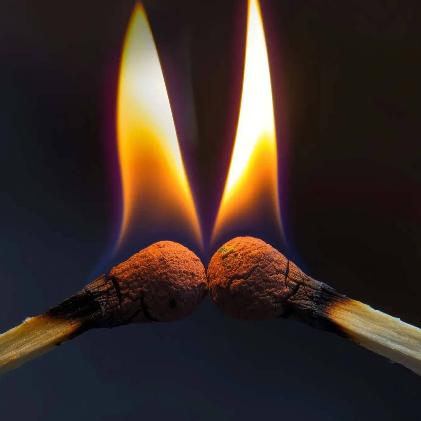 Two lit matches touching flames